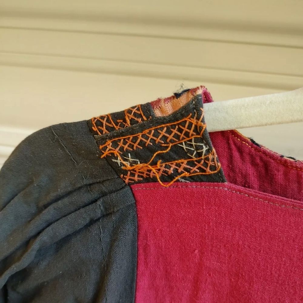 Vintage 70s Red Black Kaftan Boho Handmade Small - image 5